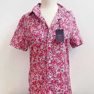 Crewcuts x Liberty Red Pink Berry Floral Cotton Button Down Shirt Short Sleeeve